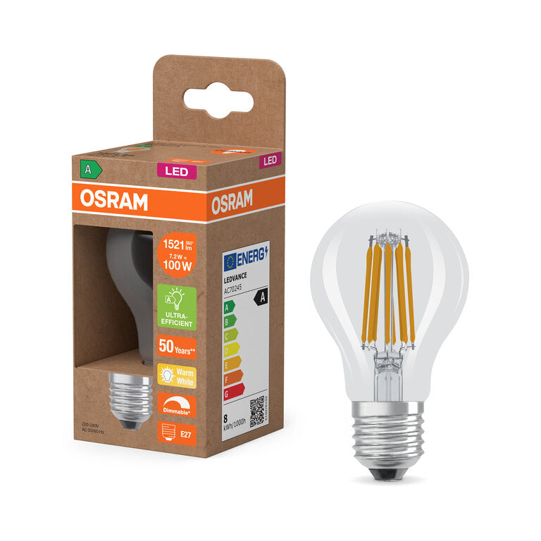 Osram / Ledvance LED Filament Classic A klar 300° UltraEfficient 7,2-100W/827 warmweiß 1521lm E27 220-240V dimmbar
