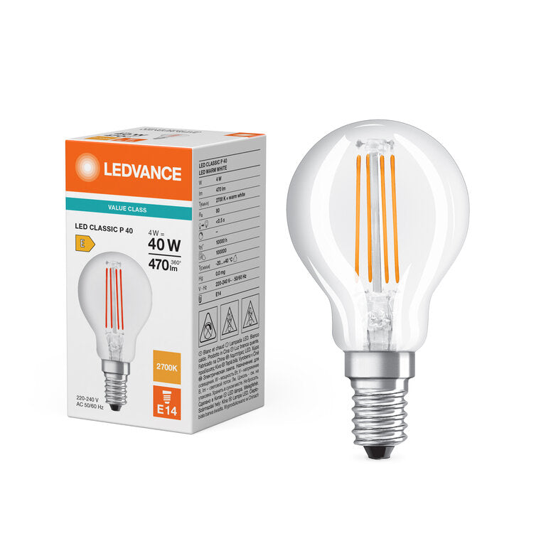 Osram / Ledvance LED Filament Tropfen P klar 300° Value 4-40W/827 warmweiß 470lm E14 220-240V