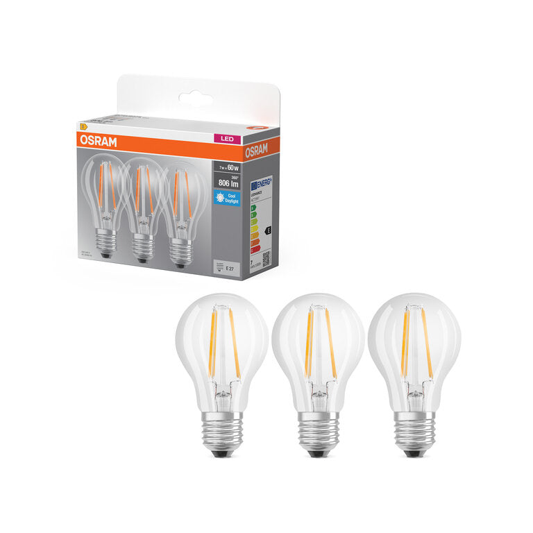 Osram / Ledvance LED Filament Base Classic A klar 300° 7-60W/865 tageslichtweiß 806lm E27 220-240V 3er Pack