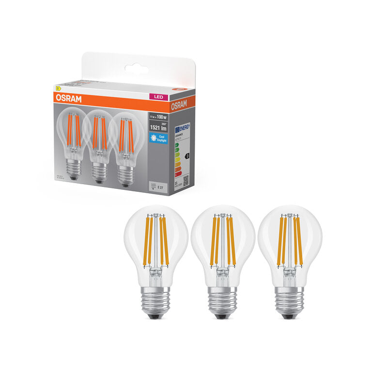 Osram / Ledvance LED Filament Base Classic A klar 300° 11-100W/865 tageslichtweiß 1521lm E27 220-240V 3er Pack