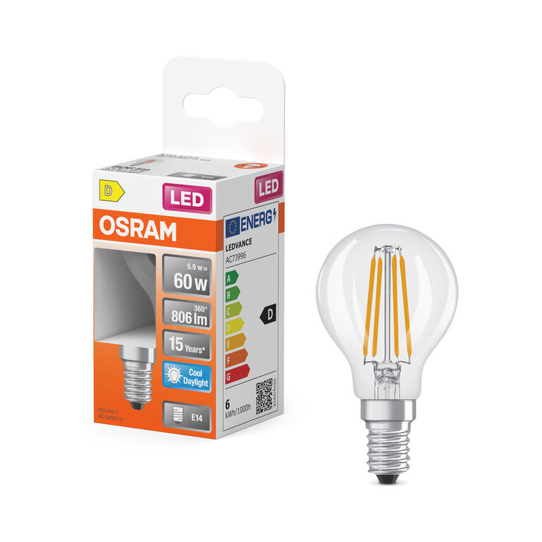 Osram / Ledvance LED Filament Star Tropfen P klar 300° 5,9-60W/865 tageslichtweiß 806lm E14 220-240V
