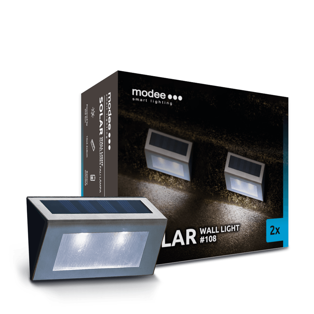 Modee Solar Wand Leuchte LED 22x100x80mm Edelstahl 6000K IP44 1,2V Batterie 2er Pack