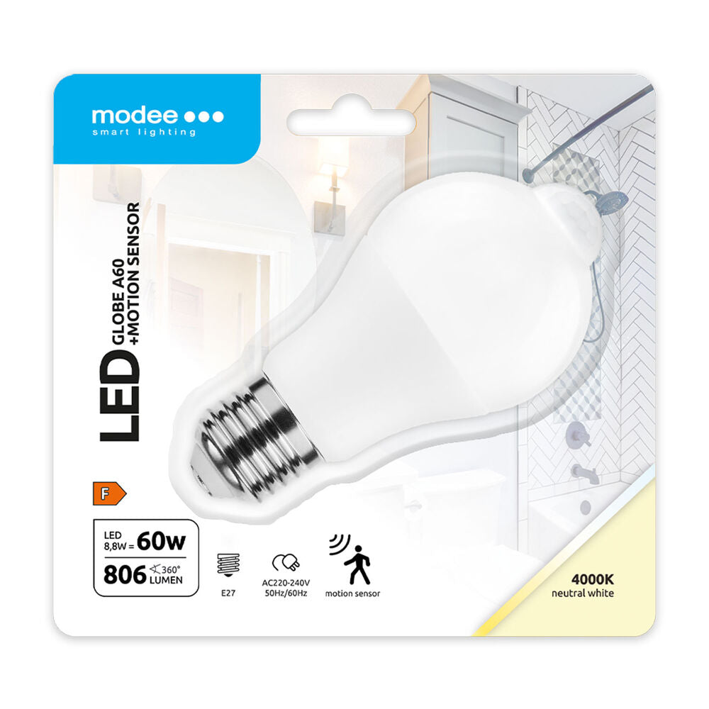 Modee SMD LED Alu-Plastik Classic A matt 200° MotionSensor 8,8-60W/840 kaltweiß 806lm E27 220-240V 1er Blister