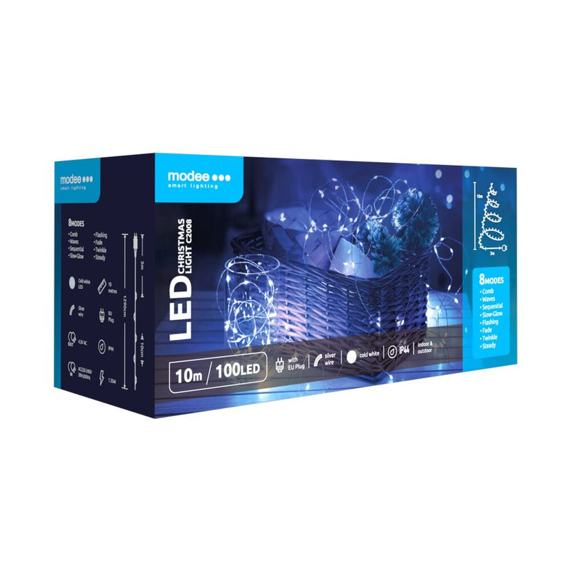Modee Lichterkette 10m 100 LED flexiblen Draht silber 3,6W 6000K 360° IP44 220-240V Netzstecker 8 Funktionen