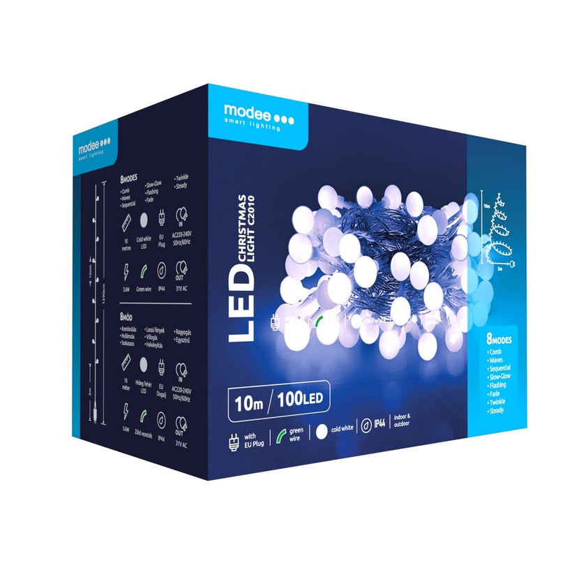 Modee Lichterkette 10m 100 LED kleine Kugeln Kunststoff grün 3,6W 6000K 360° IP44 220-240V Netzstecker 8 Funktionen