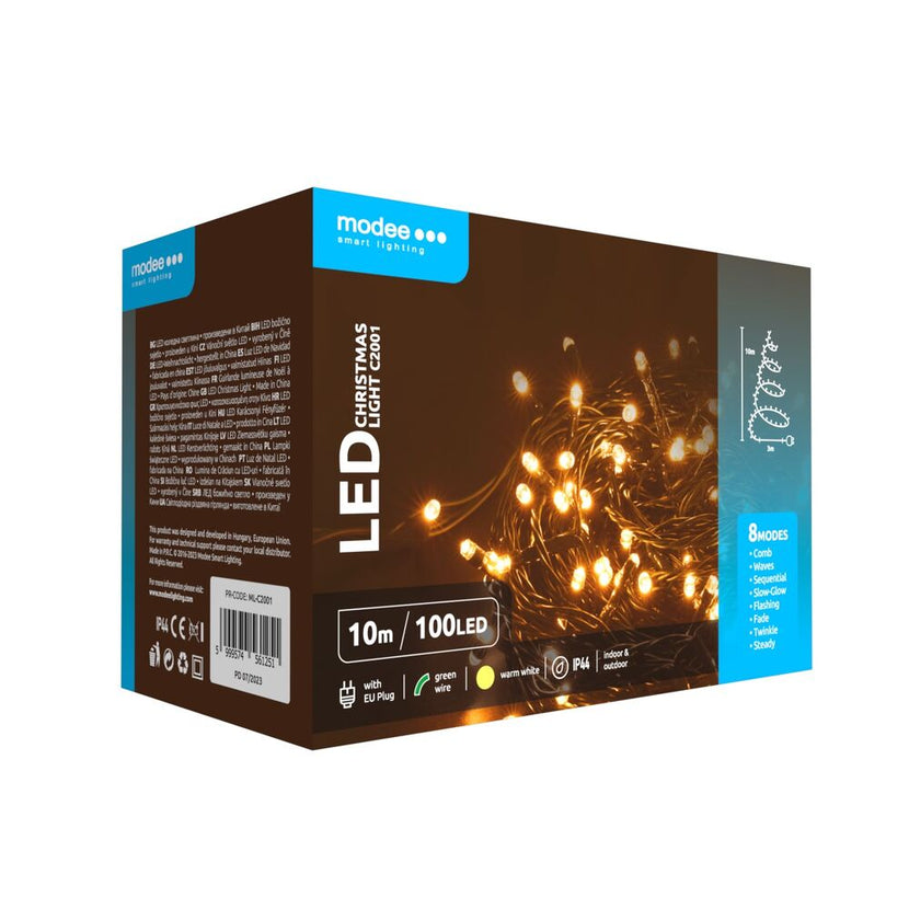 Modee Lichterkette 10m 100 LED Kunststoff grün 3,6W 2700K 360° IP44 220-240V Netzstecker 8 Funktionen