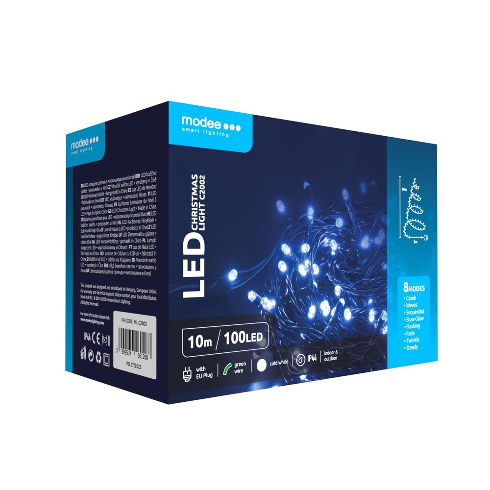 Modee Lichterkette 10m 100 LED Kunststoff grün 3,6W 6000K 360° IP44 220-240V Netzstecker 8 Funktionen