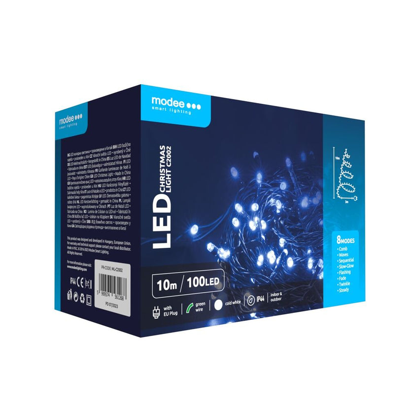 Modee Lichterkette 10m 100 LED Kunststoff grün 3,6W 6000K 360° IP44 220-240V Netzstecker 8 Funktionen