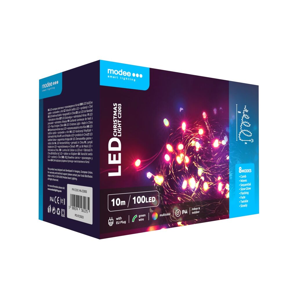 Modee Lichterkette 10m 100 LED Multicolor Kunststoff grün 3,6W 360° IP44 220-240V Netzstecker 8 Funktionen