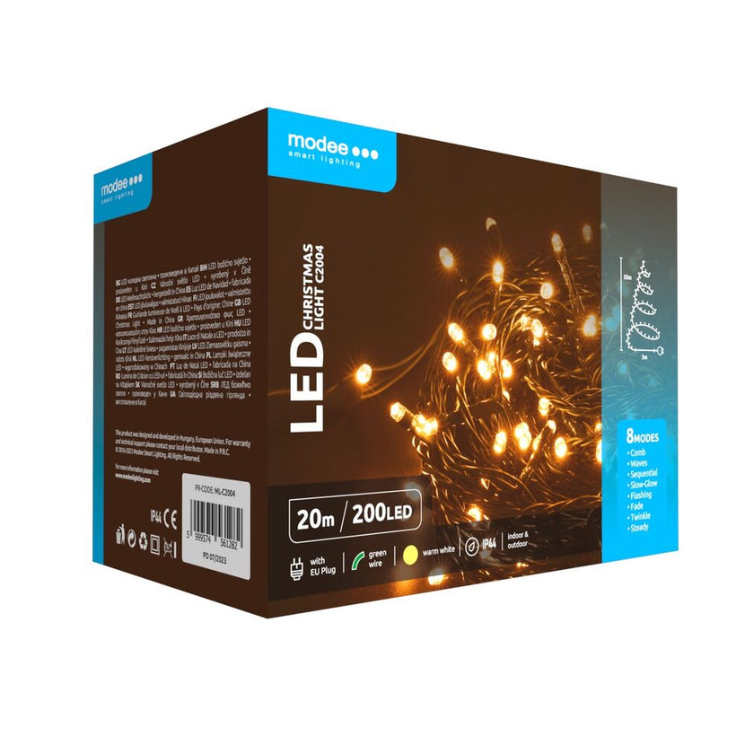 Modee Lichterkette 20m 200 LED Kunststoff grün 3,6W 2700K 360° IP44 220-240V Netzstecker 8 Funktionen