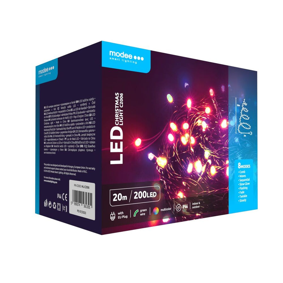 Modee Lichterkette 20m 200 LED Multicolor Kunststoff grün 3,6W 360° IP44 220-240V Netzstecker 8 Funktionen