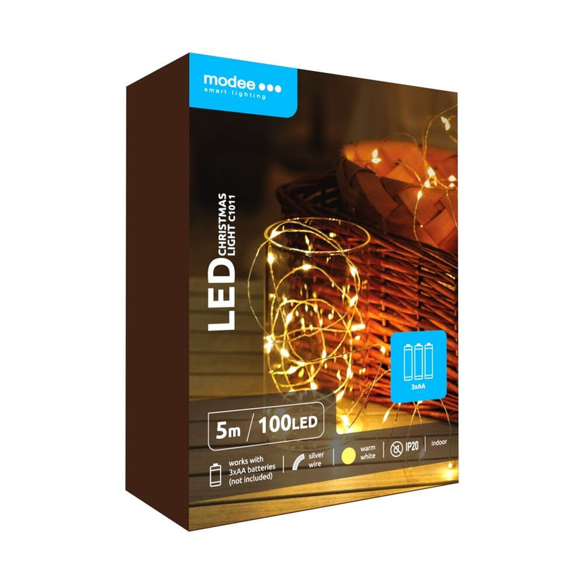 Modee Lichterkette 5m 100 LED flexiblen Draht silber 1W 2700K 360° IP20 4,5V batteriebetrieben 3xAA, (Batterien nicht enthalten)
