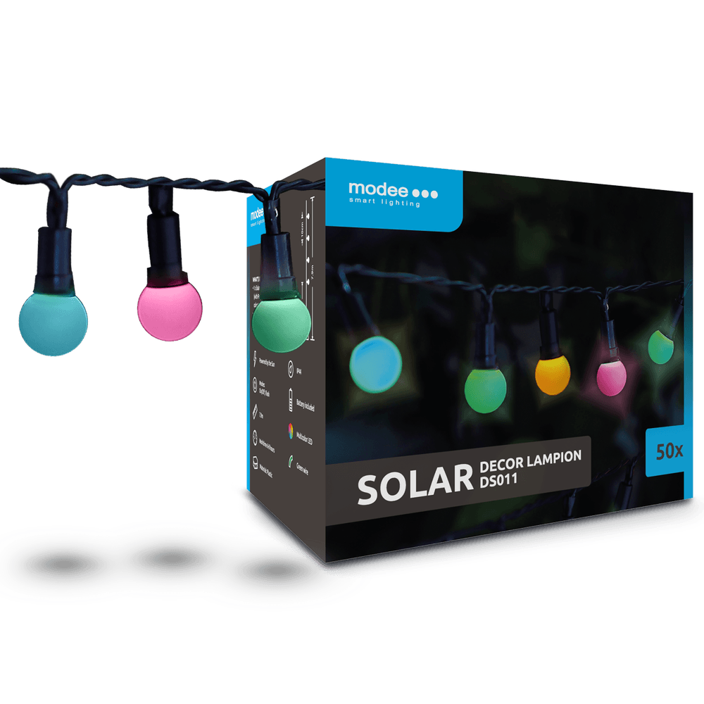 Modee Solar Lichterkette 7,9m 50 LED kleine Kugeln Kunststoff farbig 2700-3200K IP44 1,2V Batterie 2 Funktionen