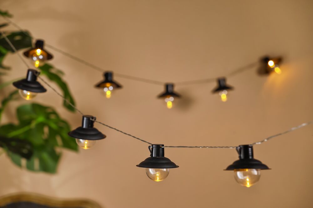 Modee Solar Lichterkette 4,7m 10 LED Kugel Laterne 90x75mm Kunststoff schwarz 2700-3200K IP44 1,2V Batterie 2 Funktionen