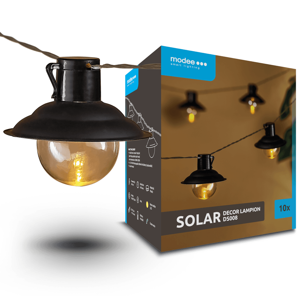 Modee Solar Lichterkette 4,7m 10 LED Kugel Laterne 90x75mm Kunststoff schwarz 2700-3200K IP44 1,2V Batterie 2 Funktionen