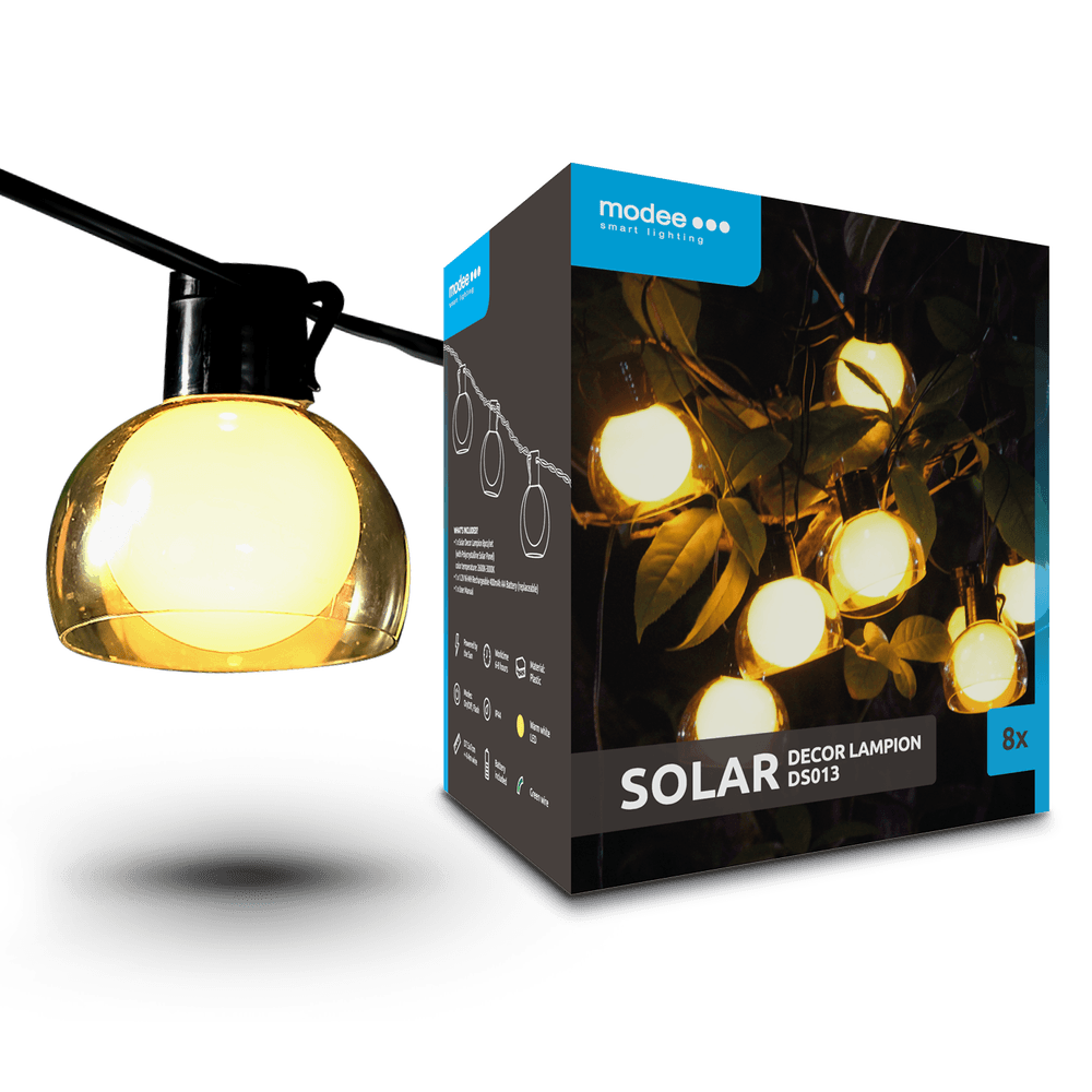 Modee Solar Lichterkette 4,4m 8 LED Laterne 75x70mm Kunststoff 2600-3000K IP44 1,2V Batterie 2 Funktionen