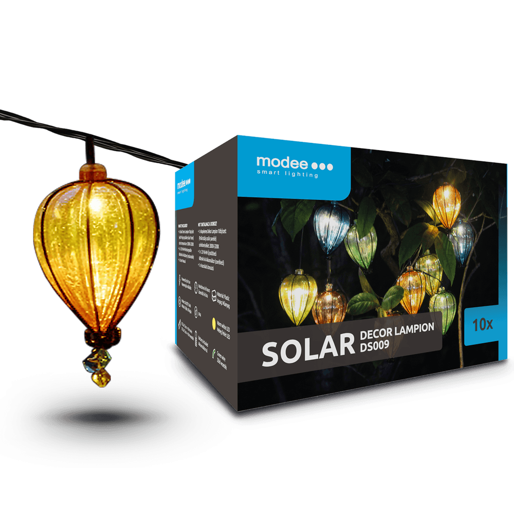 Modee Solar Lichterkette 4,9m 10 LED Ballon 55x75mm Kunststoff farbig 2700-3200K IP44 1,2V Batterie 2 Funktionen