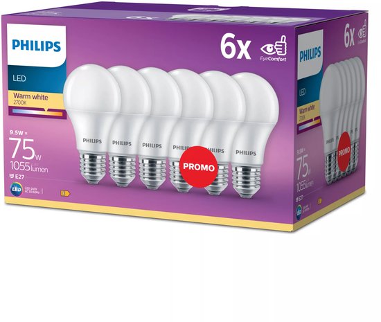 Philips LED Classic A matt 150° 9,5-75W/827 warmweiß 1055lm E27 220-240V 6er Pack