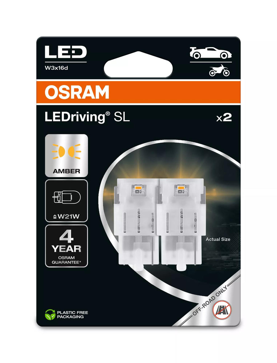 Osram LED LEDriving SL Yellow W21W 1W 55lm W3x16d 12V 2er Blister – Produktansicht