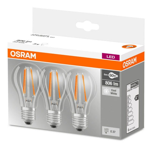 Osram LED Lampen LEDbase Classic A Filament 6-60W/840 E27 klar 200° 806lm kaltweiß nicht dimmbar 3er Pack
