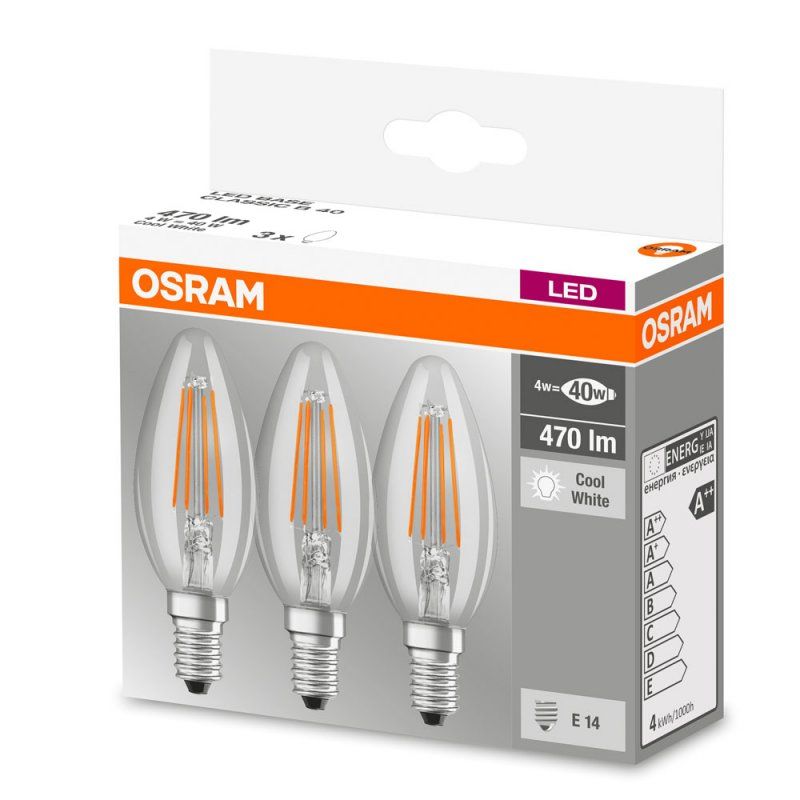 Osram LED Base Classic B Filament 4-40W/840 E14 470lm kaltweiß nicht dimmbar klar - 3er Pack