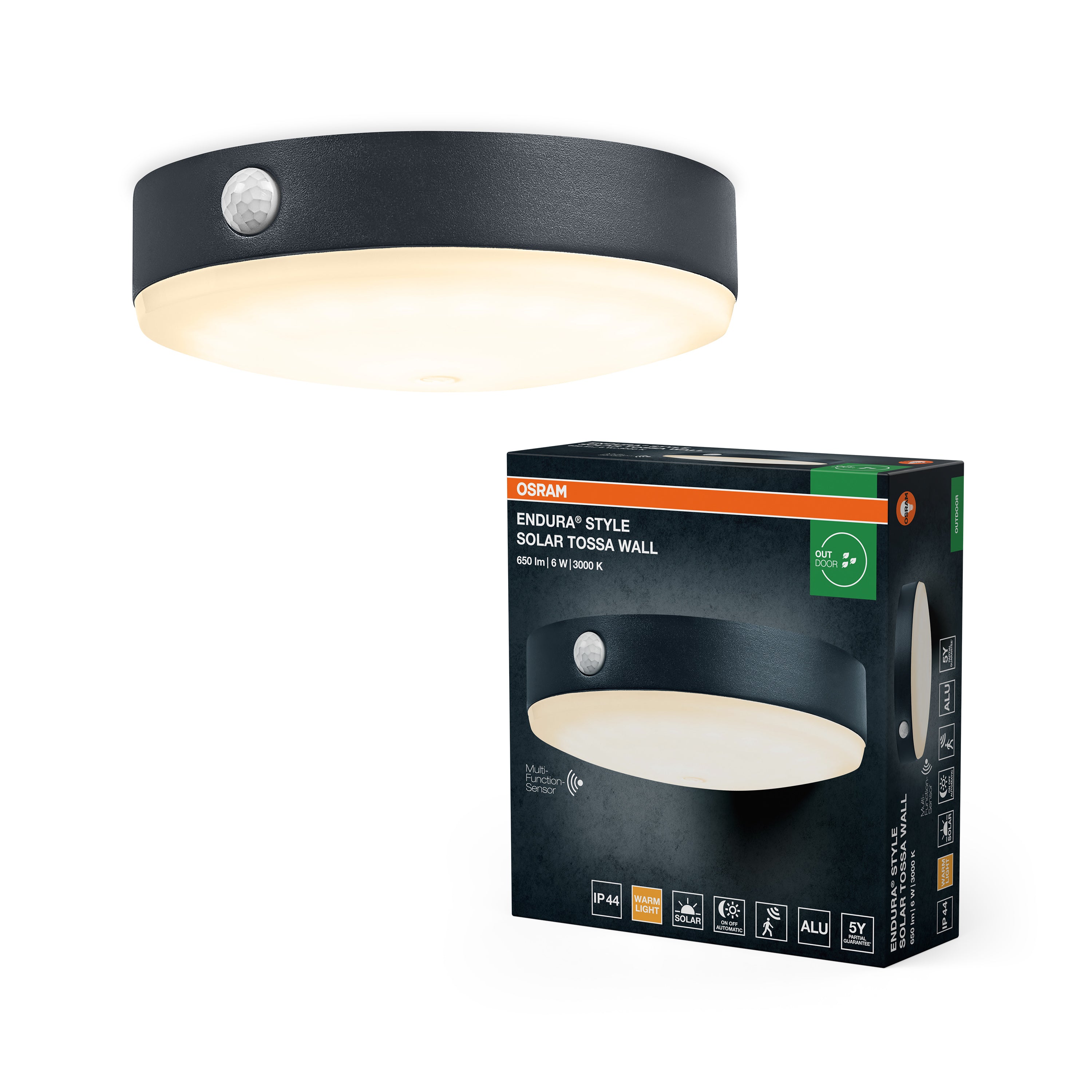Osram LED Wandleuchte Endura Style Solar Tossa Sensor – Produkt mit Verpackung