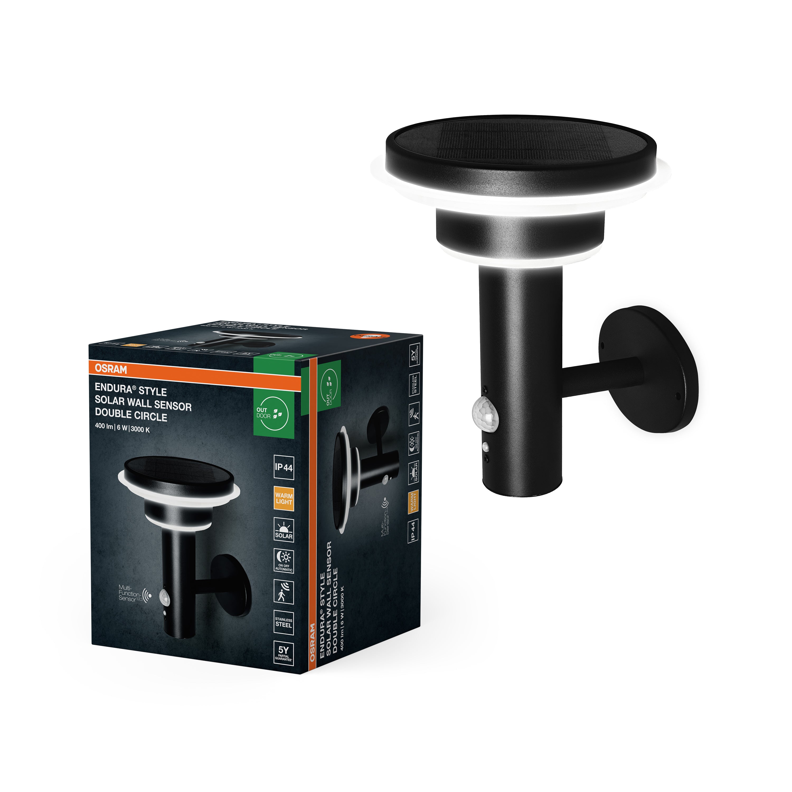 Osram LED Wandleuchte Endura Style Solar Sensor Double Circle – Produkt mit Verpackung
