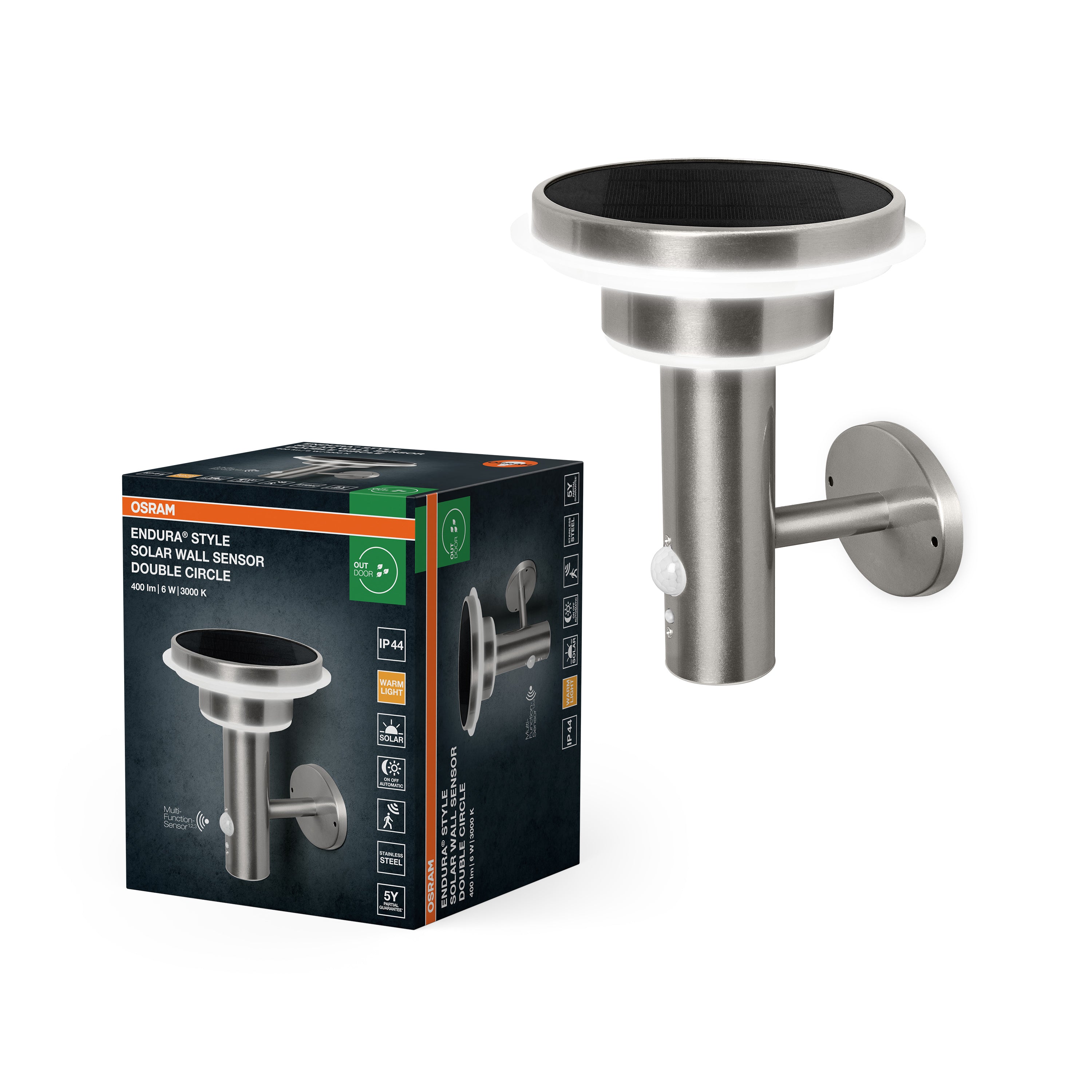Osram LED Wandleuchte Endura Style Solar Sensor Double Circle – Produkt mit Verpackung