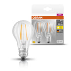Osram LED Base Classic A Filament 7-60W/827 E27 klar 300° 806lm warmweiß nicht dimmbar 2er Pack – Produkt mit Verpackung