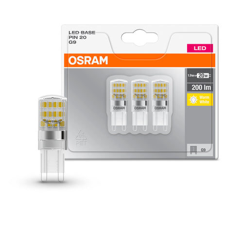 Osram LED Base Classic PIN 1,9-20W/827 G9 klar 300° 200lm warmweiß nicht dimmbar 3er Blister – Produkt mit Verpackung
