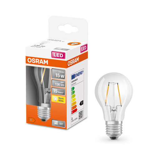 Osram LED Star Classic A Filament 1,5-15W/827 E27 136lm klar warmweiß nicht dimmbar – Produkt mit Verpackung