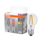Osram / Ledvance LED Filament Base Classic A klar 300° 7-60W/827 warmweiß 806lm E27 220-240V 2er Pack – Produkt mit Verpackung