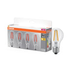 Osram / Ledvance LED Filament Base Classic A klar 300° 7-60W/827 warmweiß 806lm E27 220-240V 4er Pack – Produkt mit Verpackung