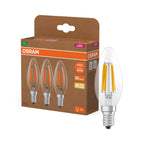 Osram / Ledvance LED Filament Kerze B klar 330° UltraEfficient 2,2-40W/827 warmweiß 470lm E14 220-240V 3er Pack – Produkt mit Verpackung