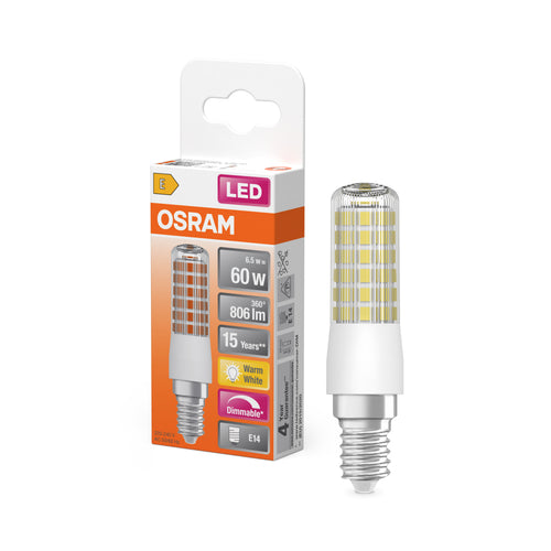Osram LED Special T Slim 7-60W/827 E14 806lm klar warmweiß dimmbar – Produkt mit Verpackung