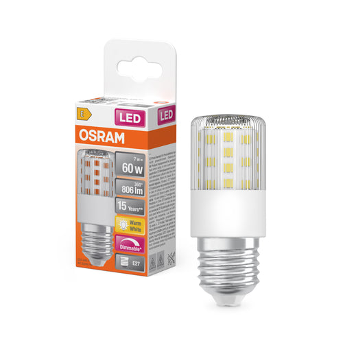 Osram LED Special T Slim 7,3-60W/827 E27 806lm klar warmweiß dimmbar – Produkt mit Verpackung