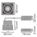 LEDVANCE LED Einbauleuchte Spot Square Adjust 8W/830 650lm 36° weiß IP20 warmweiß – Maßzeichnung