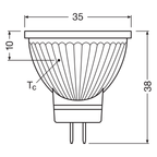 Osram / Ledvance LED Reflektor MR11 36° Performance 2,5-20W/840 kaltweiß 184lm GU4 12V – Maßzeichnung