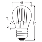 Osram / Ledvance LED Filament Tropfen P klar 300° Performance 5,5-60W/827 warmweiß 806lm E27 220-240V – Maßzeichnung