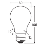 Osram / Ledvance LED Filament Classic A klar 320° Performance 4,8-40W/827 warmweiß 470lm E27 220-240V dimmbar – Maßzeichnung