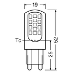 Osram / Ledvance LED Pin klar 300° Performance 4,2-40W/840 kaltweiß 470lm G9 220-240V – Maßzeichnung