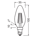 Osram / Ledvance LED Filament Kerze B klar 300° Performance 4-40W/840 kaltweiß 470lm E14 220-240V – Maßzeichnung