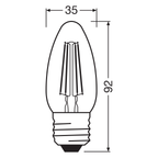 Osram / Ledvance LED Filament Kerze B klar 300° Performance 4-40W/827 warmweiß 470lm E27 220-240V – Maßzeichnung