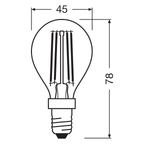 Osram / Ledvance LED Filament Tropfen P klar 320° Performance 4,8-40W/827 warmweiß 470lm E14 220-240V dimmbar – Maßzeichnung