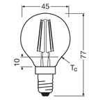 Osram / Ledvance LED Filament Tropfen P klar 300° Performance 5,5-60W/827 warmweiß 806lm E14 220-240V – Maßzeichnung