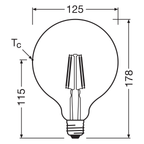 Osram / Ledvance LED Filament Globe G125 klar 300° Performance 7-60W/827 warmweiß 806lm E27 220-240V – Maßzeichnung