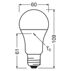 Osram / Ledvance LED Classic A 150° Value 10-75W/830 warmweiß 1055lm E27 220-240V – Maßzeichnung