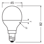 Osram / Ledvance LED Tropfen P 150° Value 6,5-60W/865 tageslichtweiß 806lm E14 220-240V – Maßzeichnung
