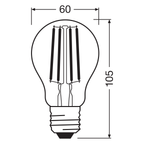 OSRAM LED Retrofit Classic A Filament GlowDim 7-40W/827 warmweiß E27 806lm - Blister – Maßzeichnung