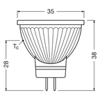Osram LED Star MR11 36° 2,5-20W/827 warmweiß 184lm GU4 12V – Maßzeichnung